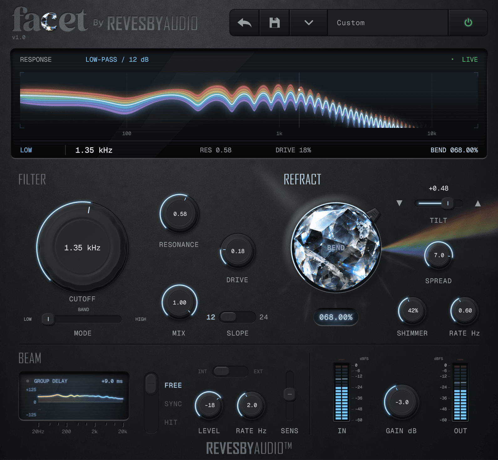Facet plugin interface: a charcoal panel with an ice-blue response display, the Cutoff dial and the Bend crystal casting refracted light